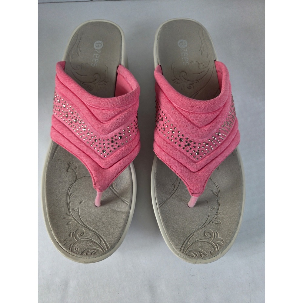 Bzees Dazzle Me Sandal Womens 10 Pink Rhinestone Wedge Thong Slide